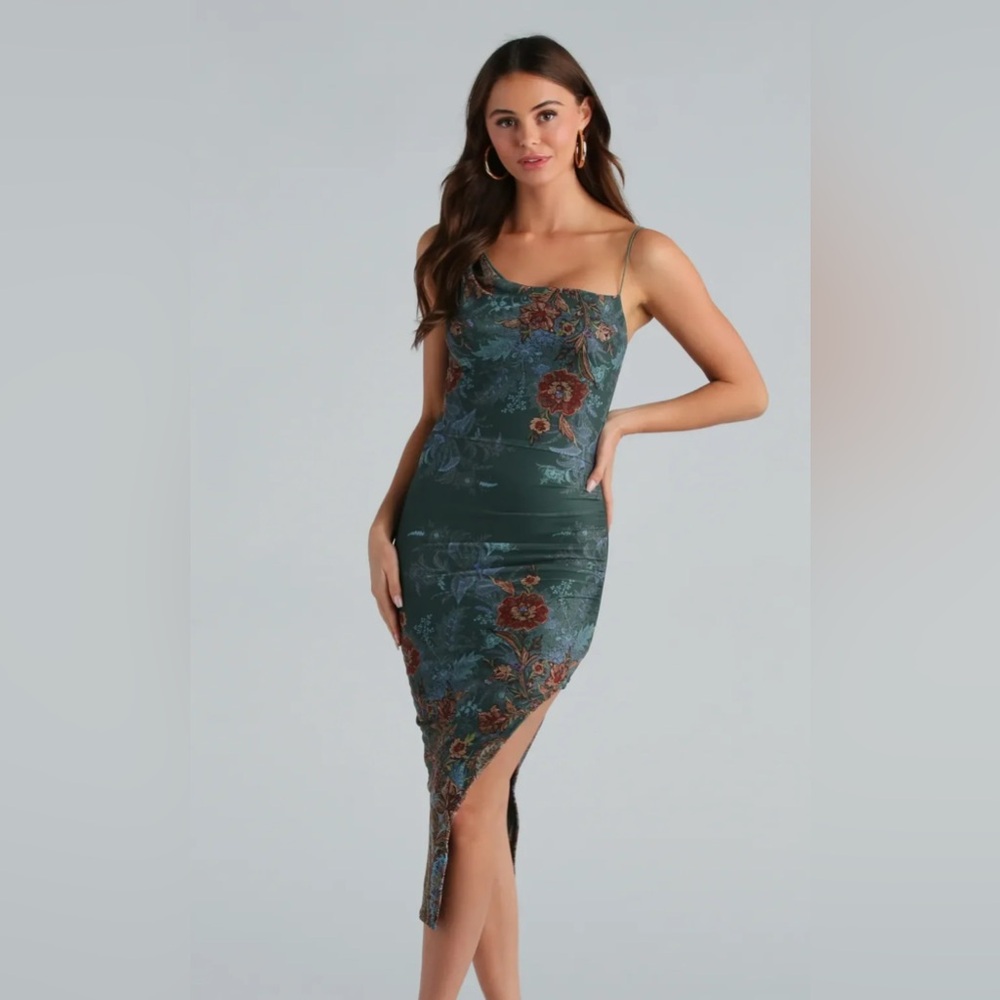 Floral Boho Paisley Mesh Ruched Midi Dress